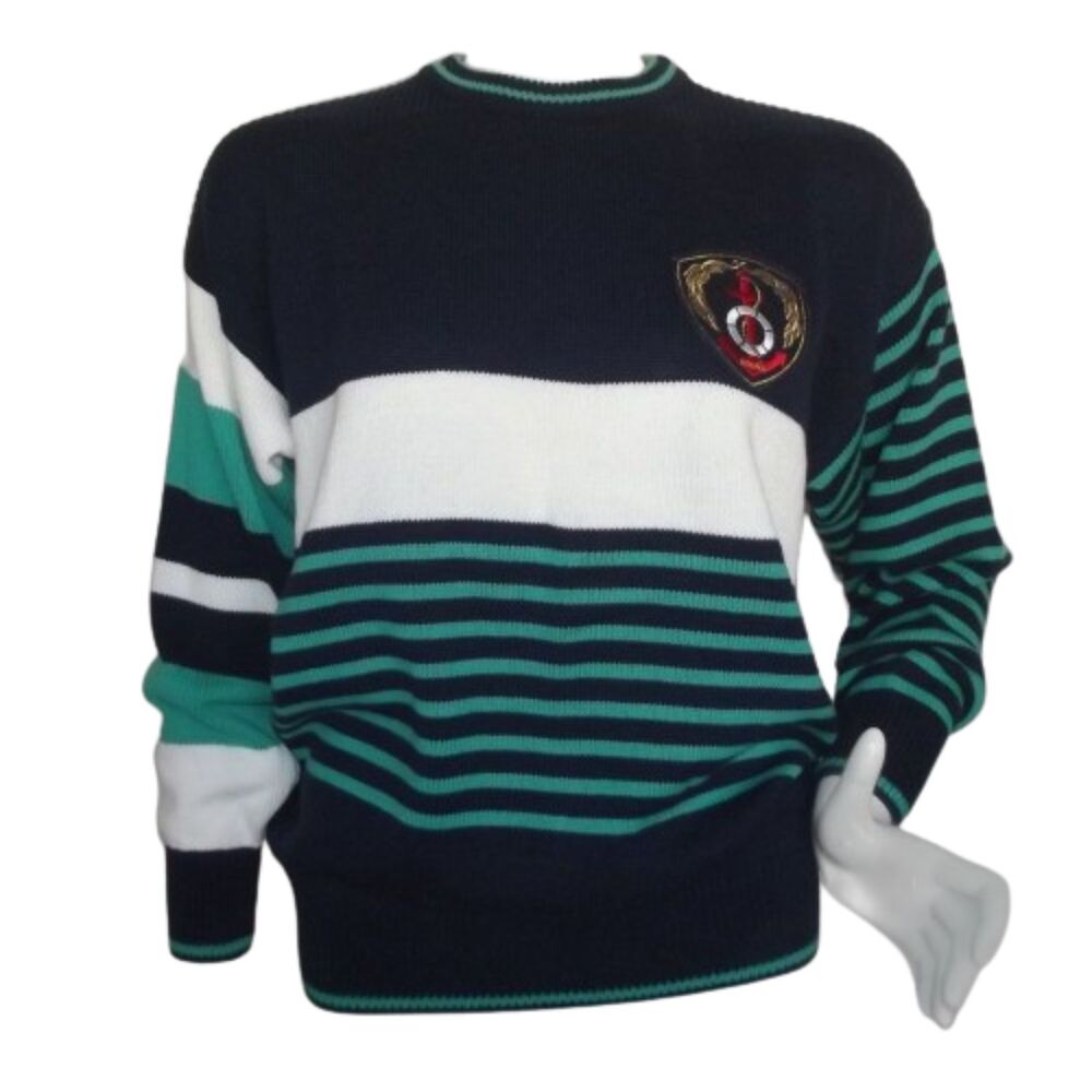FIA ITALIA Sweater, M, Blue/White/Green stripes, Crested, Pullover, crew neck